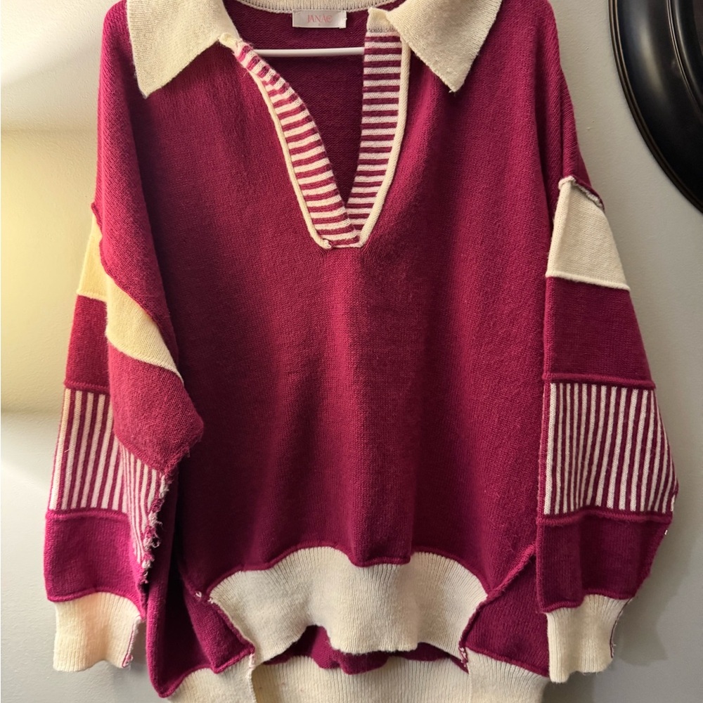 V-Neck Sweater in Magenta and Cream